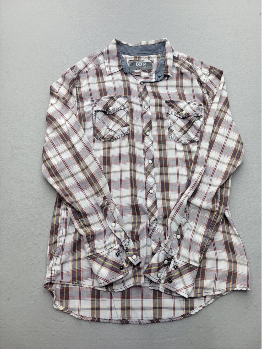 BKE Men Button-Up Medium Burgundy Athletic Plaid Cotton Blend Long Sleeve Work